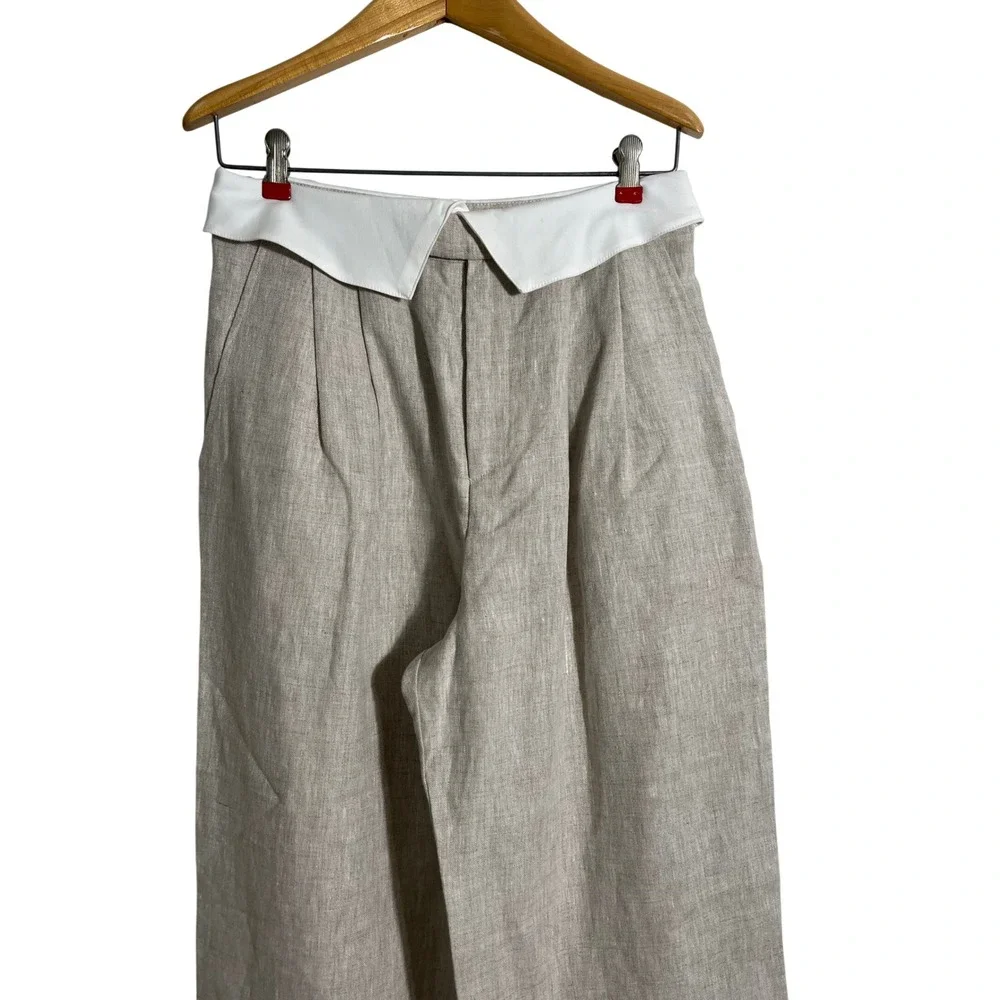 REFORMATION Stevie High Rise Foldover Wide Leg Linen Pant in Oatmeal